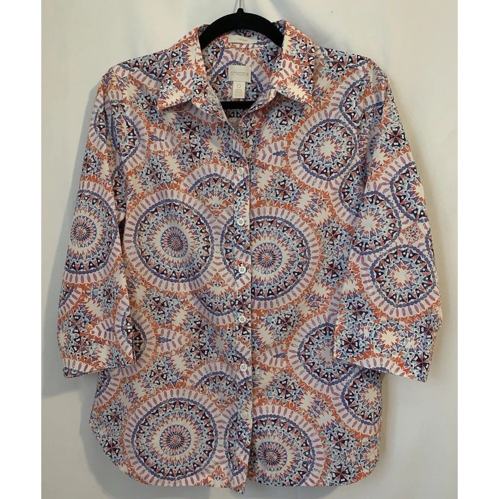Chicos Size 0 Womens Small No Iron Top Button Front 3/4 Sleeve 100% Cotton
